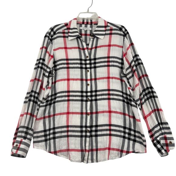 Foxcroft Womens Button Up Shirt Size 10 White Black Red Plaid Gauzy Blouse - Picture 1 of 8
